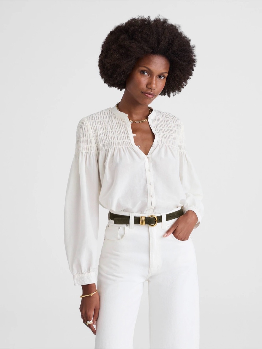Madewell Smocked Top in Cotton-Silk Blend Fresh Cream Size M NWT